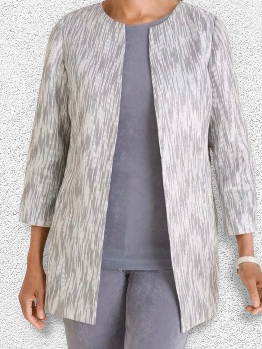 Chico's Travelers Collection Dressy Textured Lurex Jacket, Metallic Gray Silver